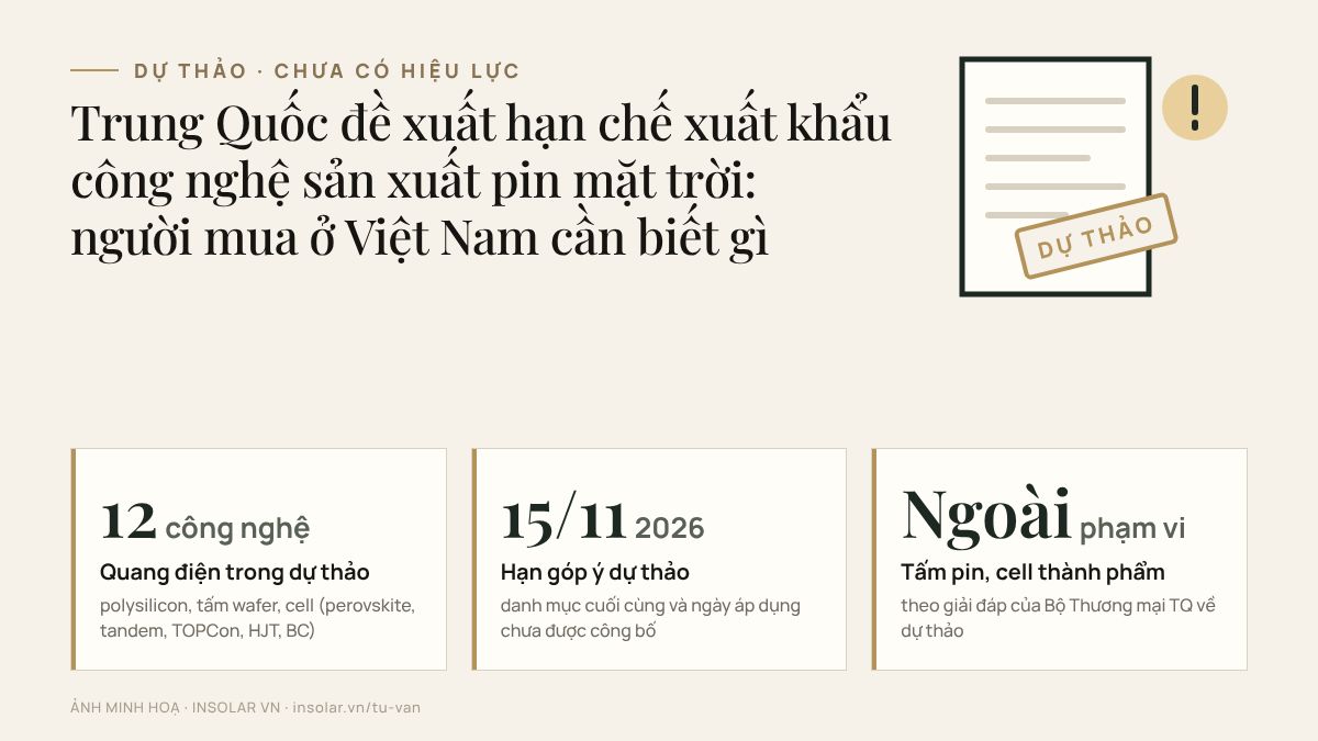 Tóm tắt dự thảo của Trung Quốc: 12 công nghệ quang điện, hạn góp ý 15/11/2026, tấm pin thành phẩm nằm ngoài phạm vi quản lý.